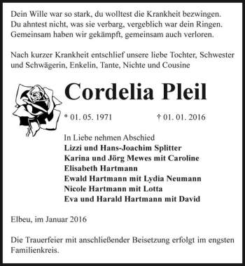 Traueranzeige von Cordelia Pleil  von Magdeburger Volksstimme