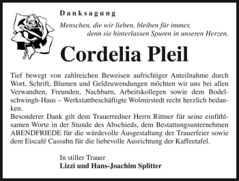 Traueranzeige von Cordelia Pleil  von Magdeburger Volksstimme