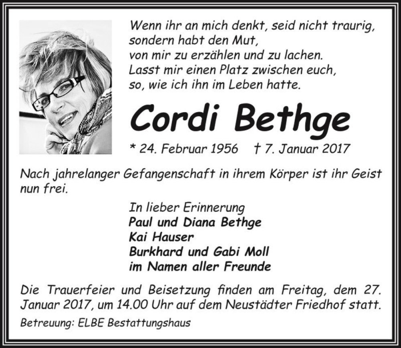  Traueranzeige für Cordi Bethge  vom 21.01.2017 aus Magdeburger Volksstimme