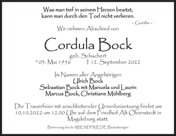 Traueranzeige von Cordula Bock (geb. Schachert)  von Magdeburger Volksstimme