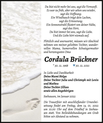 Traueranzeige von Cordula Brückner  von Magdeburger Volksstimme
