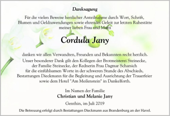 Traueranzeige von Cordula Jany  von Magdeburger Volksstimme