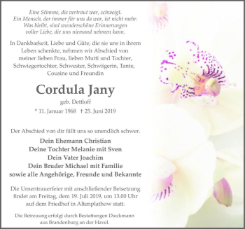 Traueranzeige von Cordula Jany (geb. Dettloff)  von Magdeburger Volksstimme