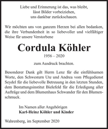 Traueranzeige von Cordula Köhler  von Magdeburger Volksstimme