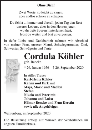 Traueranzeige von Cordula Köhler (geb. Beneke)  von Magdeburger Volksstimme