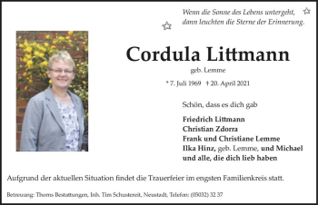 Traueranzeige von Cordula Littmann (geb. Lemme)  von Magdeburger Volksstimme