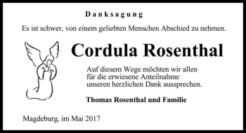 Traueranzeige von Cordula Rosenthal  von Magdeburger Volksstimme