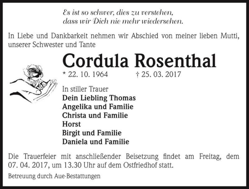  Traueranzeige für Cordula Rosenthal  vom 01.04.2017 aus Magdeburger Volksstimme