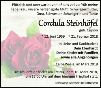 Traueranzeige von Cordula Steinhöfel (geb. Cejhon)  von Magdeburger Volksstimme