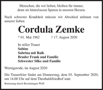 Traueranzeige von Cordula Zemke  von Magdeburger Volksstimme
