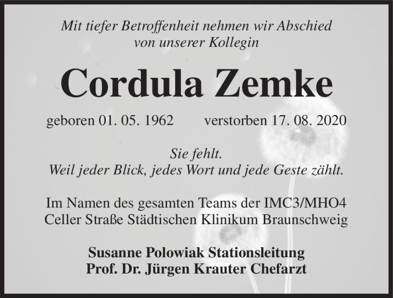  Traueranzeige für Cordula Zemke  vom 29.08.2020 aus Magdeburger Volksstimme