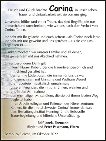 Traueranzeige von Corina Janek  von Magdeburger Volksstimme