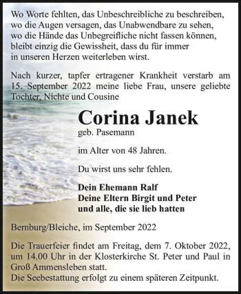 Traueranzeige von Corina Janek (geb. Pasemann)  von Magdeburger Volksstimme
