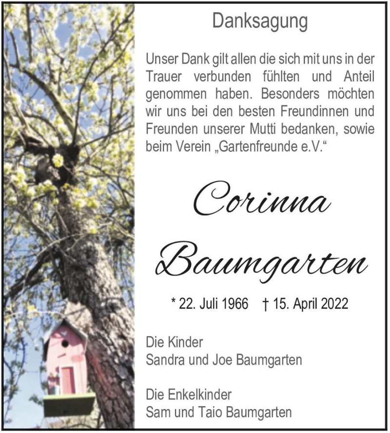  Traueranzeige für Corinna Baumgarten  vom 07.05.2022 aus Magdeburger Volksstimme
