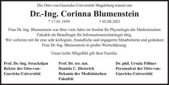 Traueranzeige von Corinna Blumenstein  von Magdeburger Volksstimme