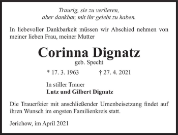 Traueranzeige von Corinna Dignatz (geb. Specht)  von Magdeburger Volksstimme