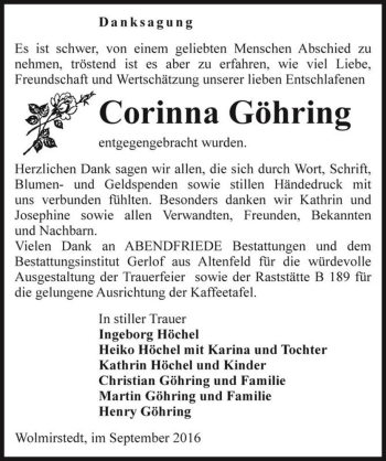 Traueranzeige von Corinna Göhring  von Magdeburger Volksstimme