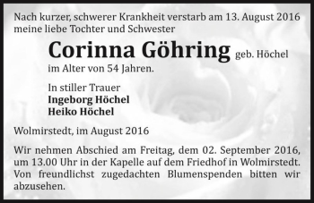 Traueranzeige von Corinna Göhring (geb. Höchel)  von Magdeburger Volksstimme