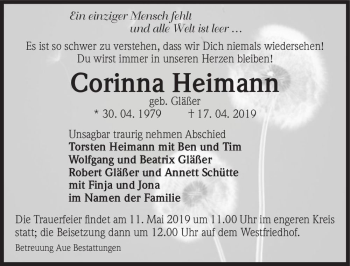 Traueranzeige von Corinna Heimann (geb. Gläßer)  von Magdeburger Volksstimme
