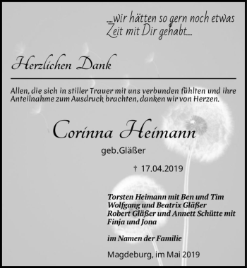 Traueranzeige von Corinna Heimann (geb. Gläßer)  von Magdeburger Volksstimme