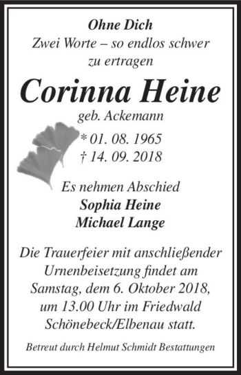 Traueranzeige von Corinna Heine (geb. Ackemann)  von Magdeburger Volksstimme