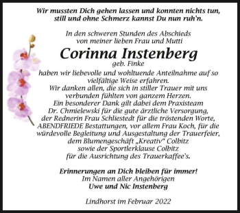 Traueranzeige von Corinna Instenberg (geb. Finke)  von Magdeburger Volksstimme