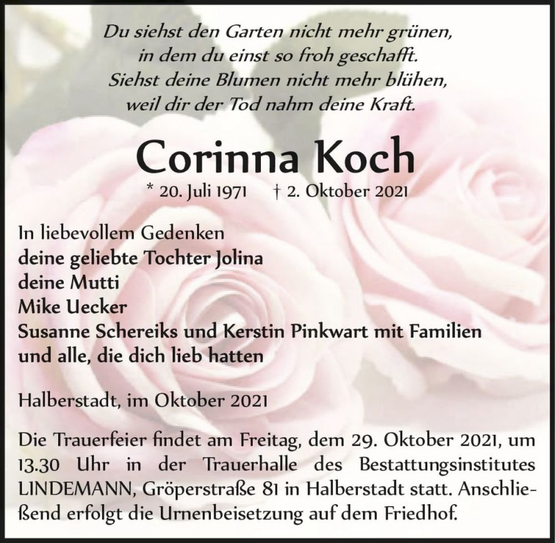  Traueranzeige für Corinna Koch  vom 09.10.2021 aus Magdeburger Volksstimme