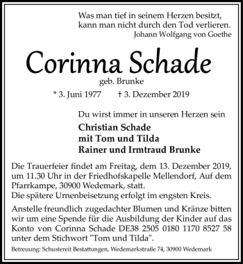Traueranzeige von Corinna Schade (geb. Brunke)  von Magdeburger Volksstimme