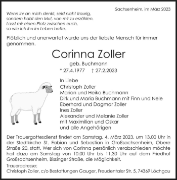 Traueranzeige von Corinna Zoller (geb. Buchmann)  von Magdeburger Volksstimme
