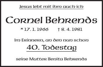 Traueranzeige von Cornel Behrends  von Magdeburger Volksstimme