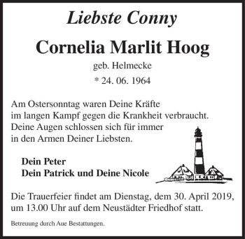 Traueranzeige von Cornelia (Conny) Marlit Hoog (geb. Helmecke)  von Magdeburger Volksstimme