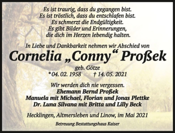 Traueranzeige von Cornelia 
