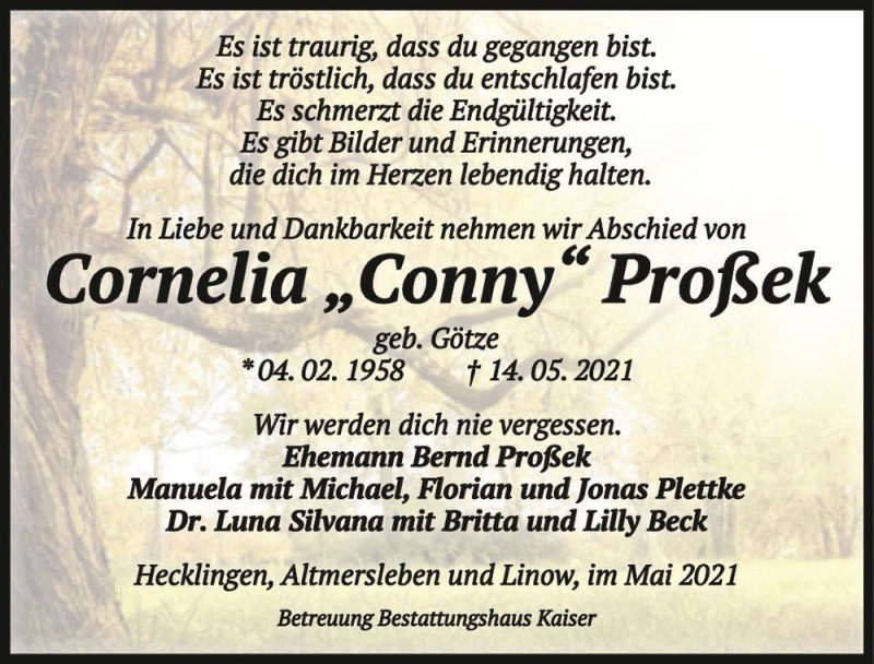  Traueranzeige für Cornelia 