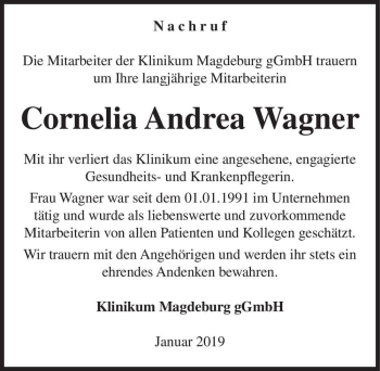 Traueranzeige von Cornelia Andrea Wagner  von Magdeburger Volksstimme