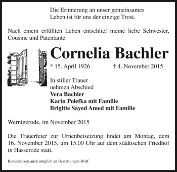 Traueranzeige von Cornelia Bachler  von Magdeburger Volksstimme