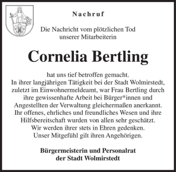 Traueranzeige von Cornelia Bertling  von Magdeburger Volksstimme