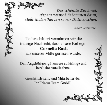 Traueranzeige von Cornelia Bock  von Magdeburger Volksstimme