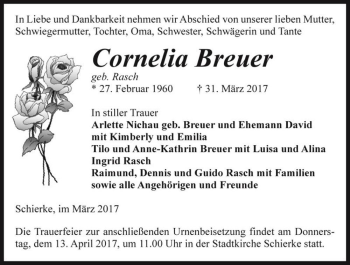 Traueranzeige von Cornelia Breuer (geb. Rasch)  von Magdeburger Volksstimme
