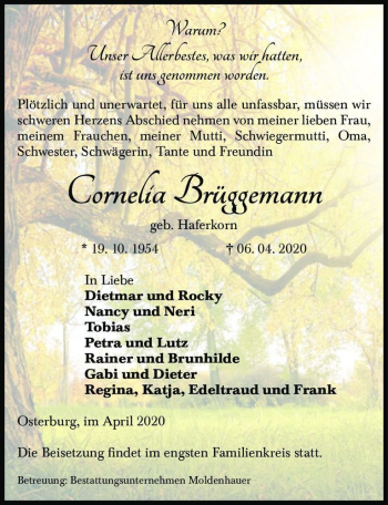 Traueranzeige von Cornelia Brüggemann (geb. Haferkorn)  von Magdeburger Volksstimme