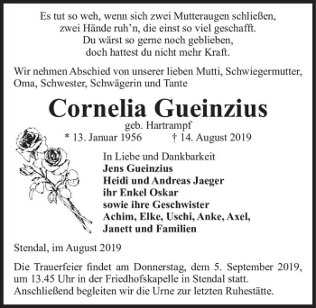 Traueranzeige von Cornelia Gueinzius (geb. Hartrampf)  von Magdeburger Volksstimme