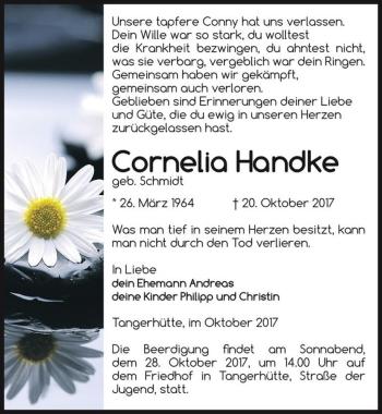 Traueranzeige von Cornelia Handke (geb. Schmidt)  von Magdeburger Volksstimme