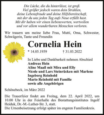 Traueranzeige von Cornelia Hein  von Magdeburger Volksstimme