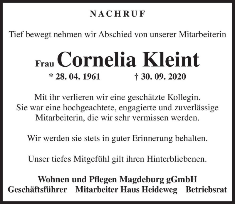 Traueranzeige für Cornelia Kleint  vom 14.11.2020 aus Magdeburger Volksstimme