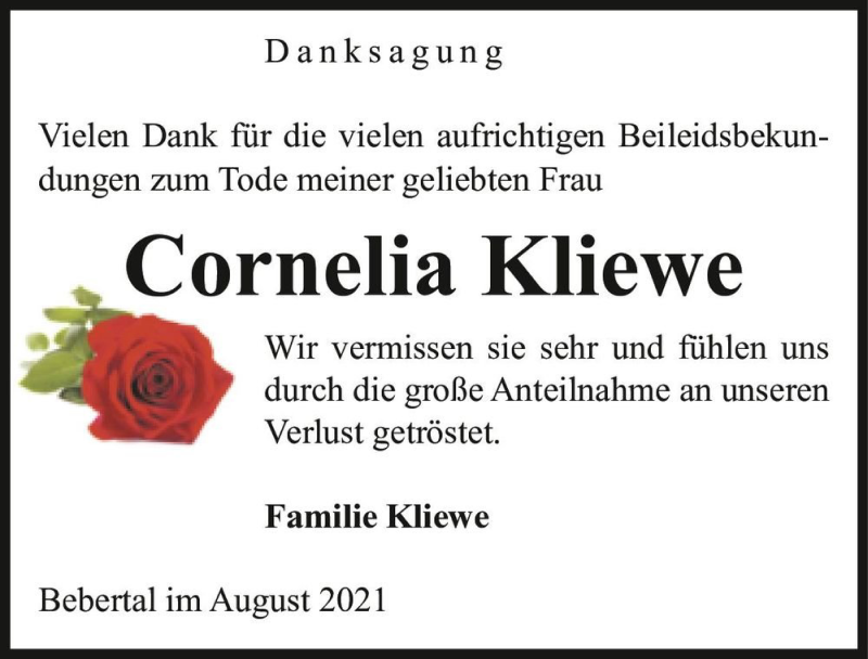  Traueranzeige für Cornelia Kliewe  vom 01.09.2021 aus Magdeburger Volksstimme