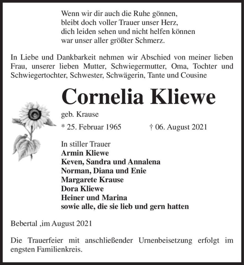  Traueranzeige für Cornelia Kliewe (geb. Krause)  vom 10.08.2021 aus Magdeburger Volksstimme
