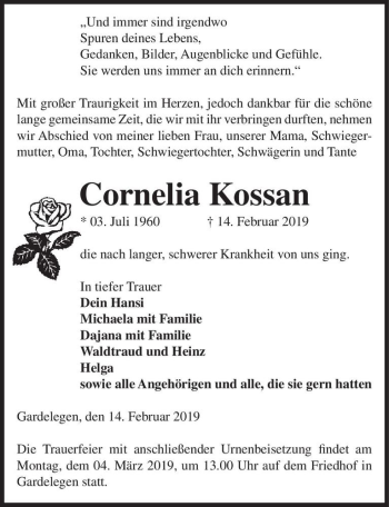 Traueranzeige von Cornelia Kossan  von Magdeburger Volksstimme