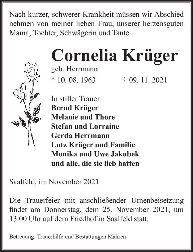  Traueranzeige für Cornelia Krüger (geb. Hermann)  vom 12.11.2021 aus Magdeburger Volksstimme