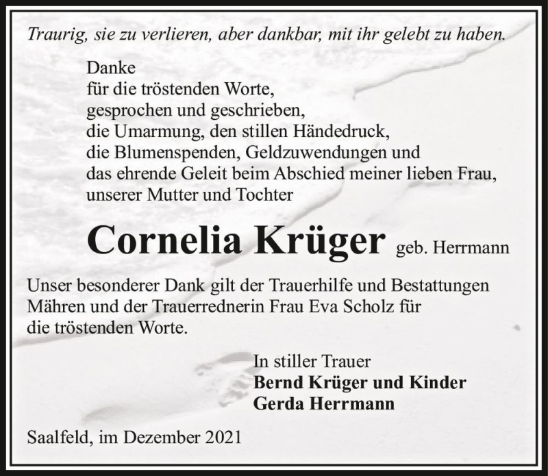  Traueranzeige für Cornelia Krüger (geb. Herrmann)  vom 09.12.2021 aus Magdeburger Volksstimme