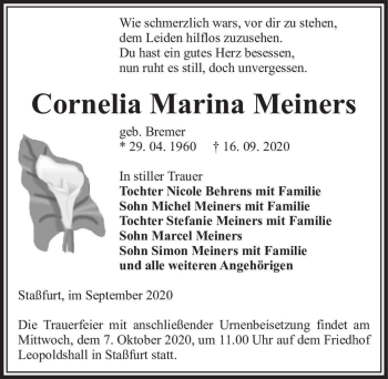 Traueranzeige von Cornelia Marina Meiners (geb. Bremer)  von Magdeburger Volksstimme
