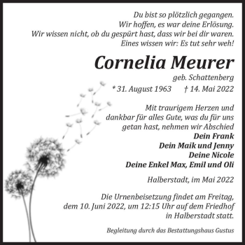 Traueranzeige von Cornelia Meurer (geb. Schattenberg)  von Magdeburger Volksstimme